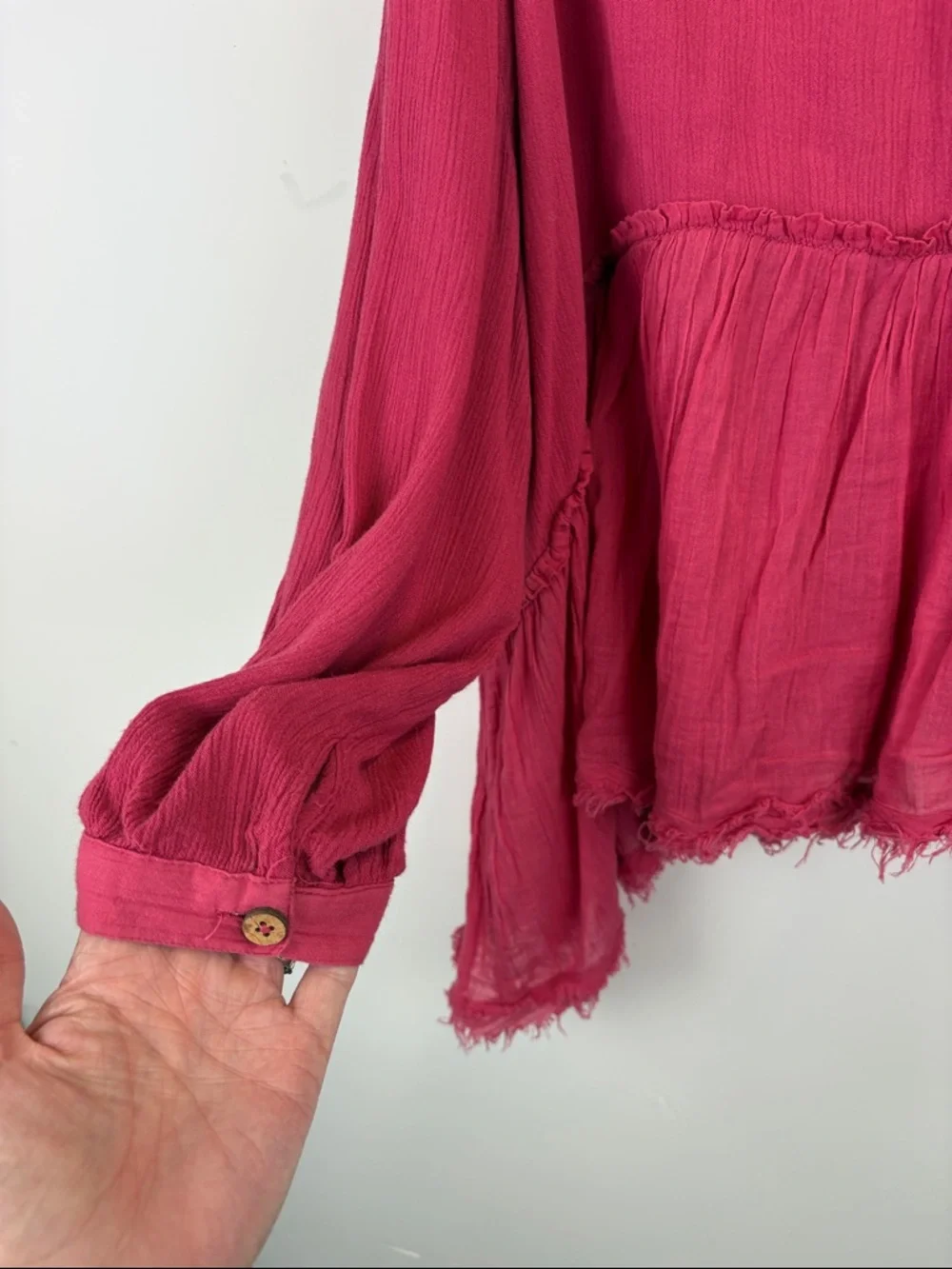 Free People Pink Gauze Button Front Peplum Top XL Boho Flowy Raw Hem Blouse - Picture 10 of 11